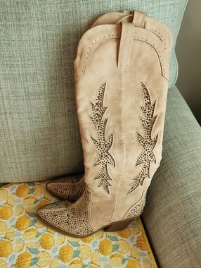 Sugar Beige Studded Western Knee-High Boots